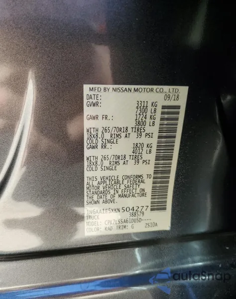 2019 Nissan Titan Sv из США, поврежденный, VIN 1N6AA1E5XKN504277